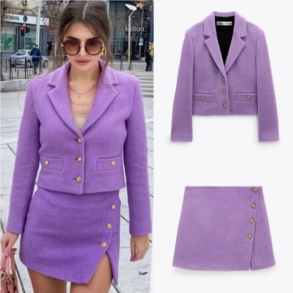 ZARA Textured Blazer and Mini Skirt Set - Lilac, Lavender - Picture 4 of 12